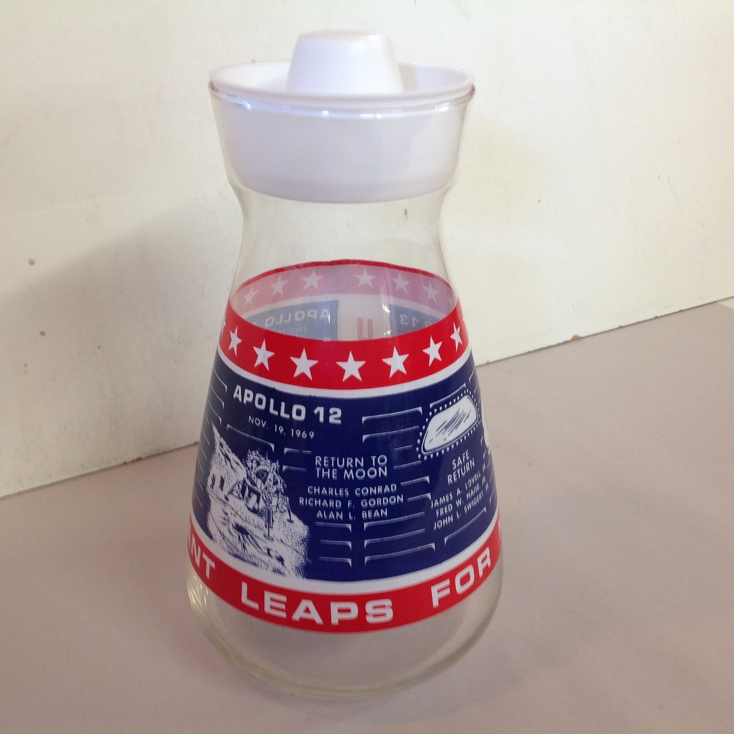 Vintage NOS Libbey Glass 1969 Commemorative Apollo 11 12 13 Carafe Blue Red USA Three Giant Leaps for Mankind