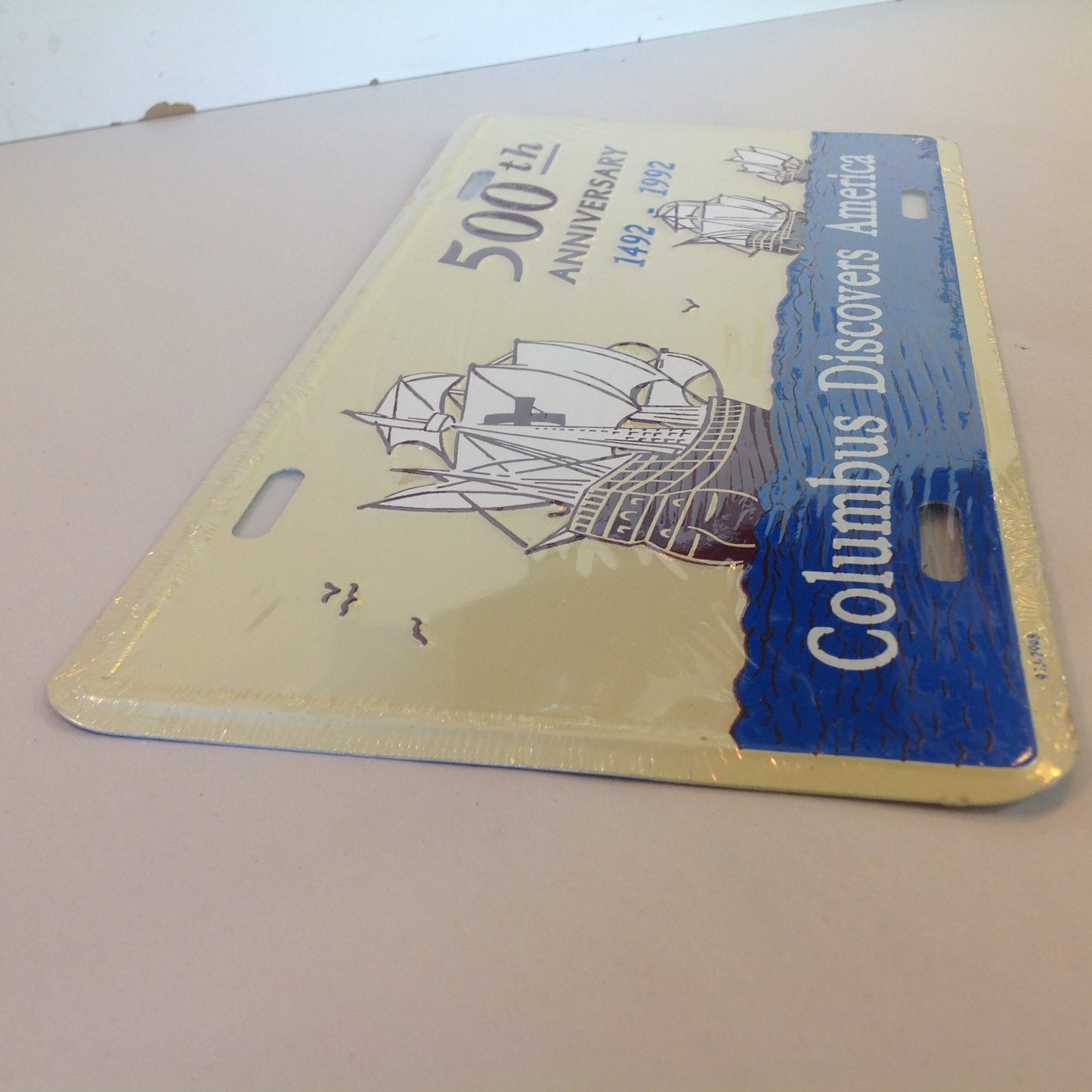 Vintage NOS Novelty Aluminum License Plate Columbus Discovers America 500th Anniversary 1492-1992