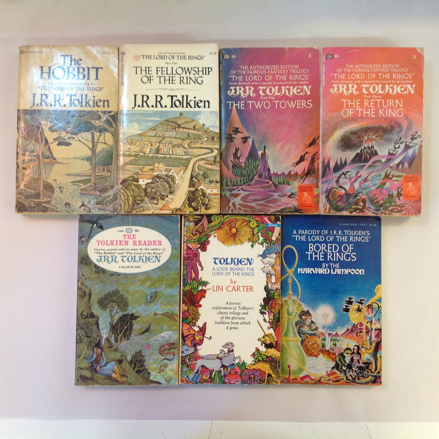 Vintage 1960's 7 Piece Lot Mass Market Paperbacks J R R Tolkien Hobbit/Lord of the Rings/Tolkien Reader/A Look Behind/Bored of the Rings