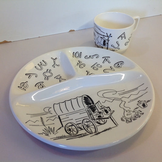 Vintage Western Style Ranch Brand Chuck Wagon White Porcelain Divided Dinner Plate and Mug