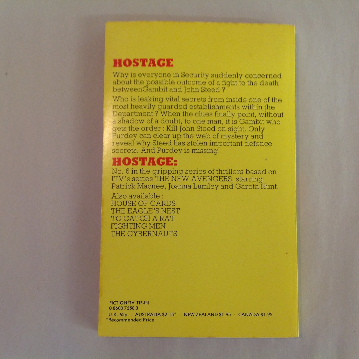 Vintage 1977 Mass Market Paperback The New Avengers: Hostage Peter Cave