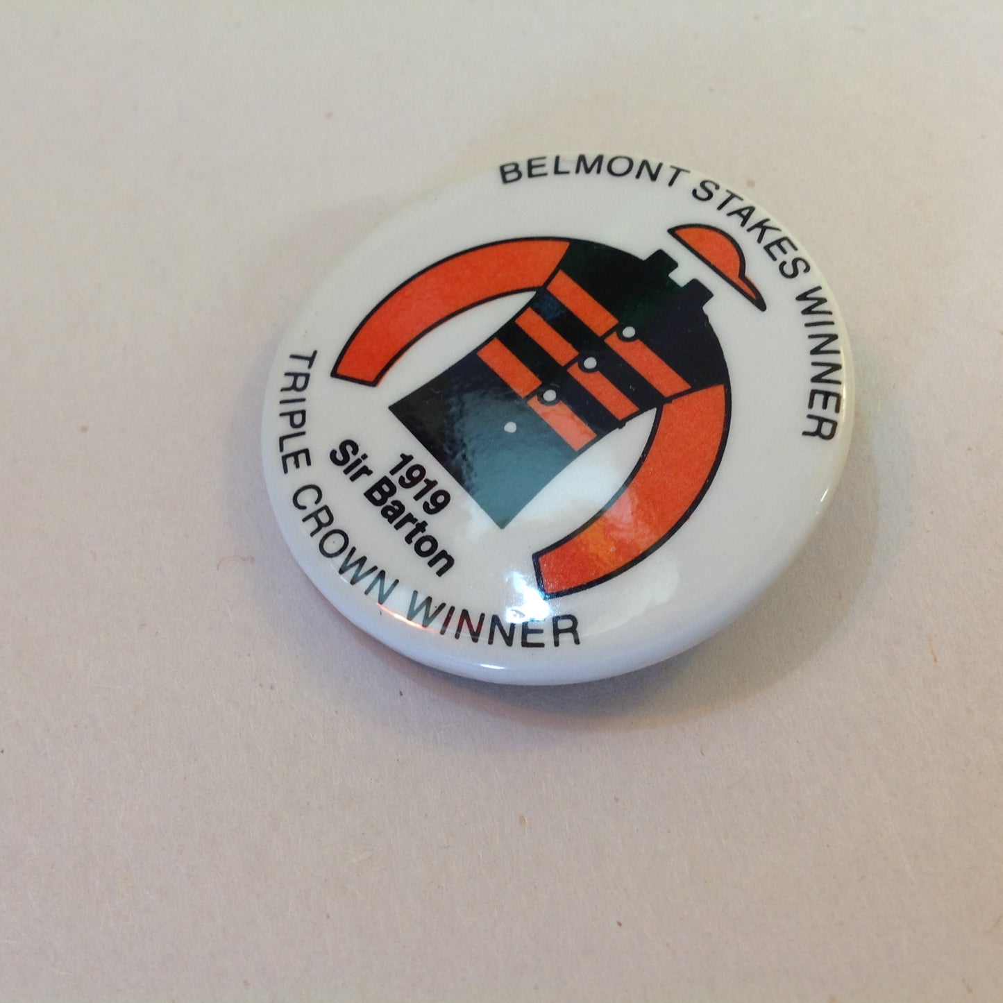 Vintage Souvenir Pinback Belmont Stakes Triple Crown Winner 1919 Sir Barton Jockey Gear