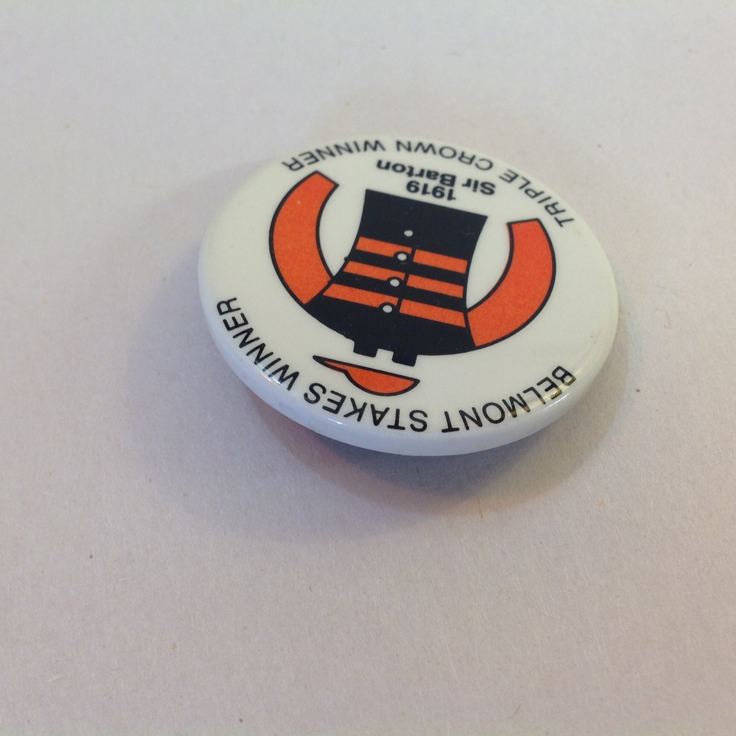 Vintage Souvenir Pinback Belmont Stakes Triple Crown Winner 1919 Sir Barton Jockey Gear