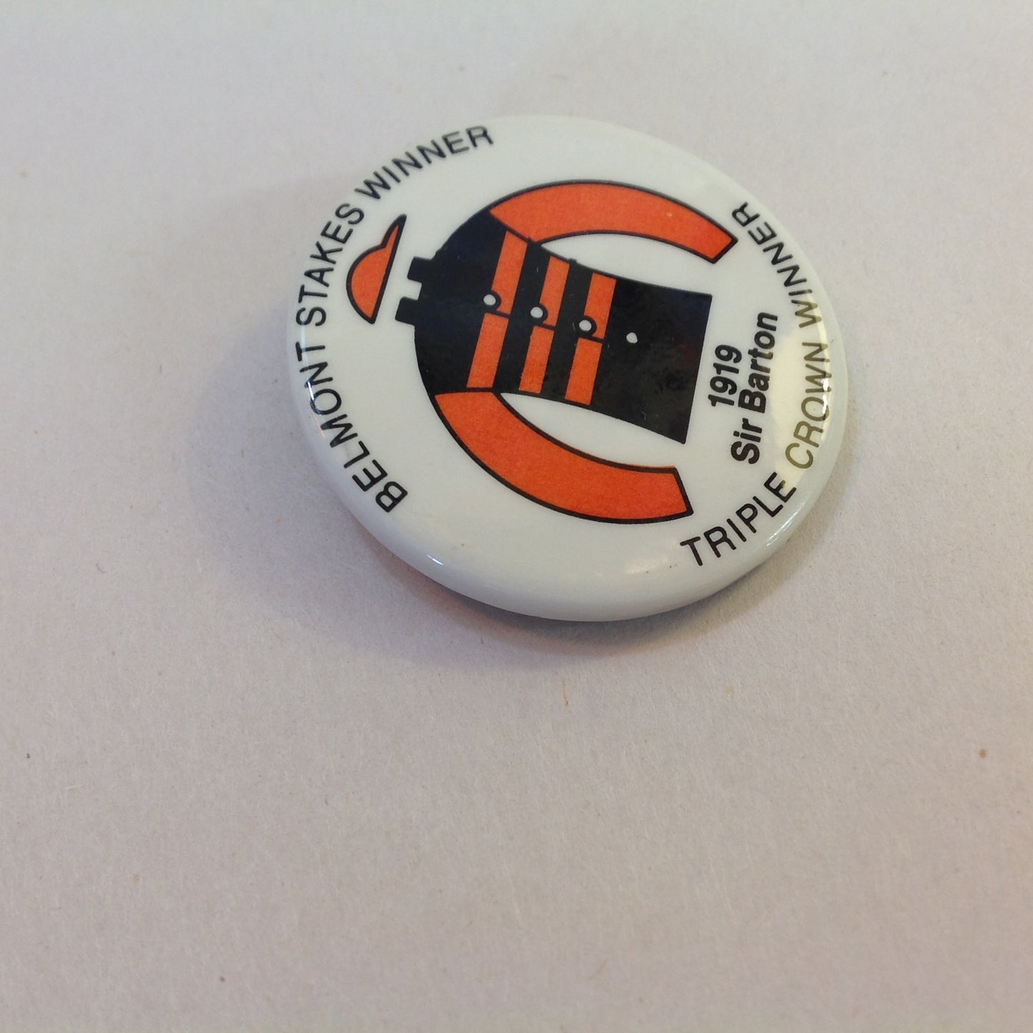 Vintage Souvenir Pinback Belmont Stakes Triple Crown Winner 1919 Sir Barton Jockey Gear