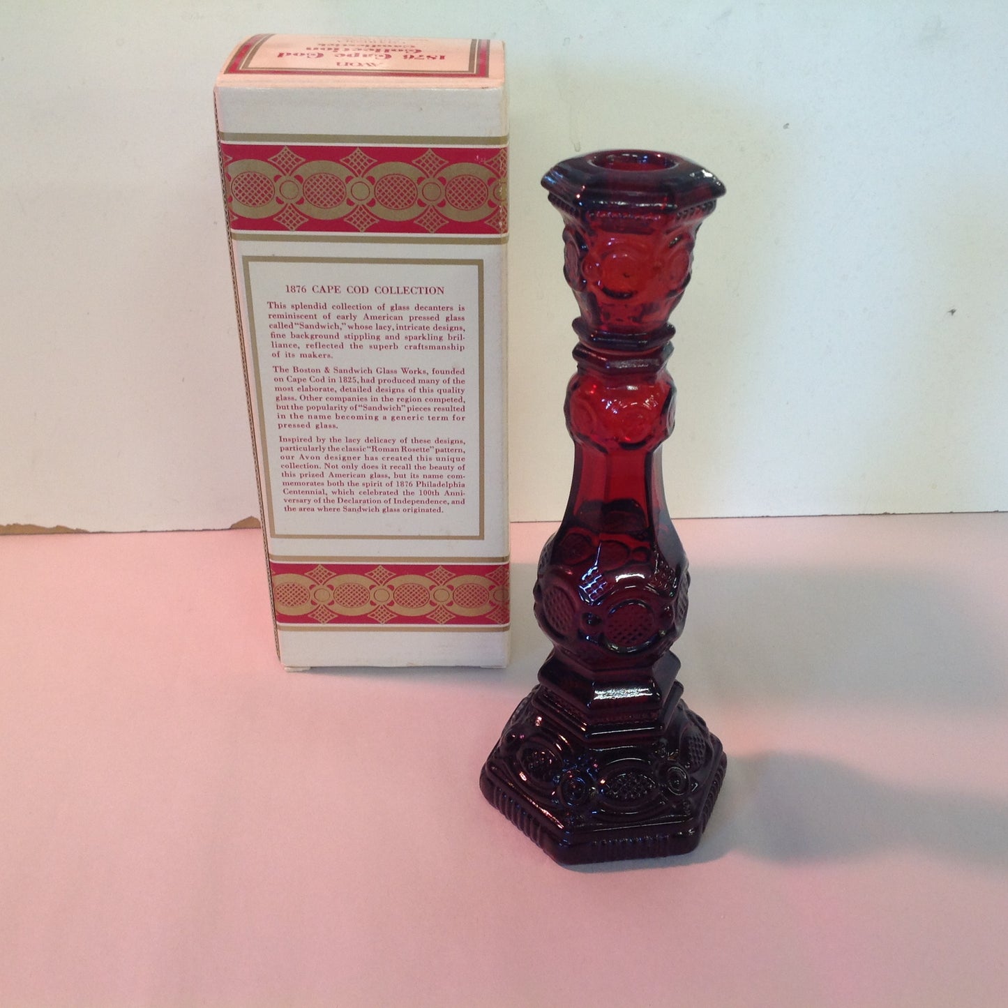 Vintage 1981 Avon 1876 Cape Cod Collection Candlestick Charisma Cologne Red Sandwich Glass Unused with Original Box