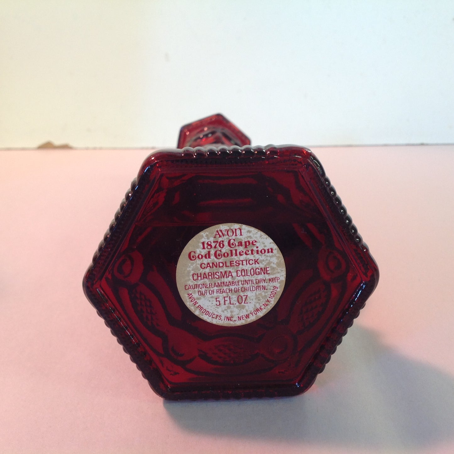 Vintage 1981 Avon 1876 Cape Cod Collection Candlestick Charisma Cologne Red Sandwich Glass Unused with Original Box