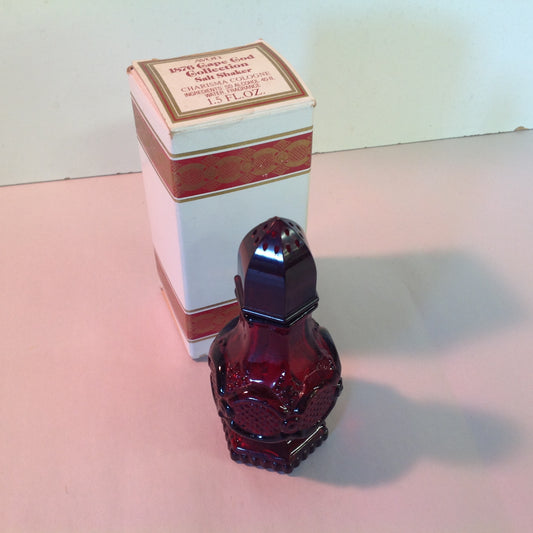 Vintage 1991 Avon 1876 Cape Cod Collection Salt Shaker Charisma Cologne Red Sandwich Glass Unused with Original Box