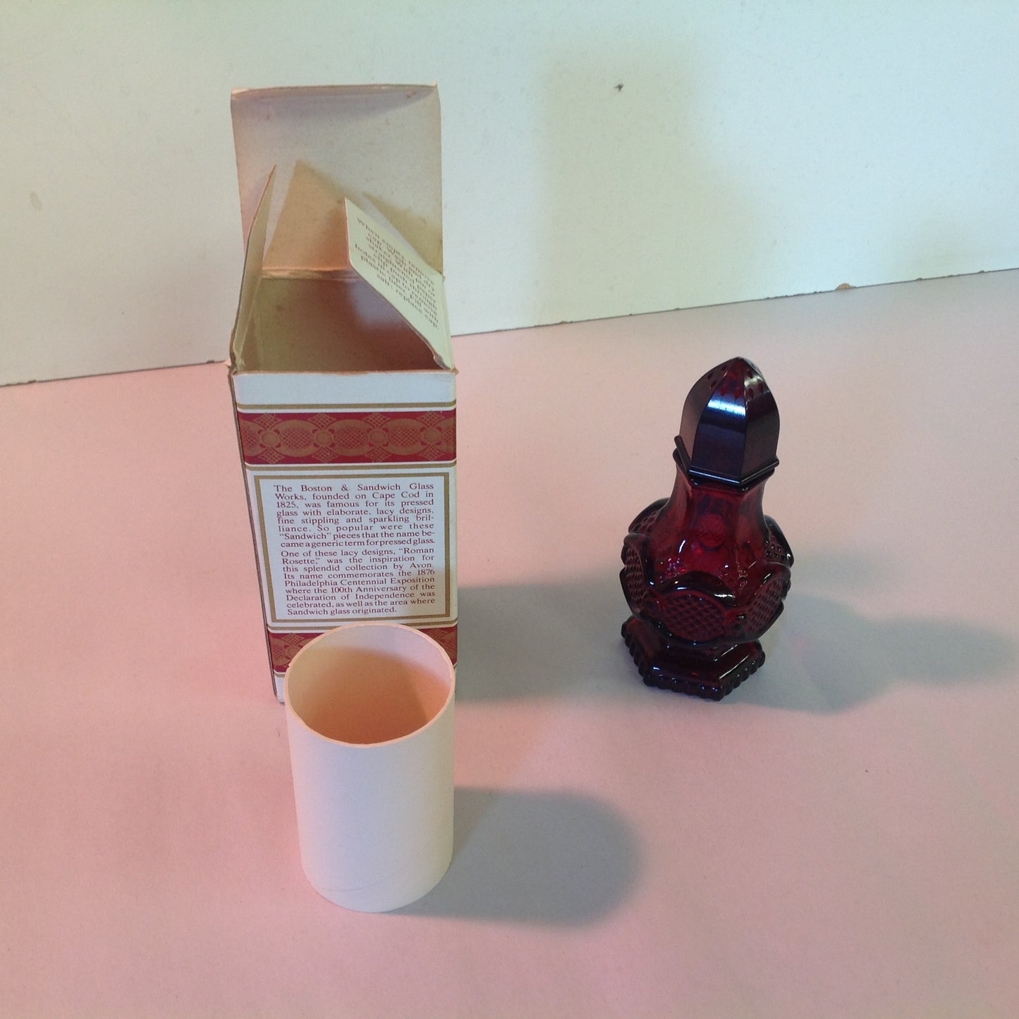 Vintage 1991 Avon 1876 Cape Cod Collection Salt Shaker Charisma Cologne Red Sandwich Glass Unused with Original Box