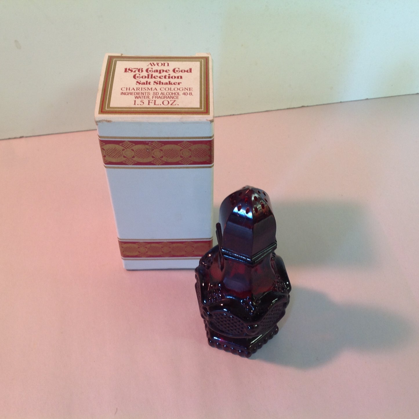 Vintage 1991 Avon 1876 Cape Cod Collection Salt Shaker Charisma Cologne Red Sandwich Glass Unused with Original Box