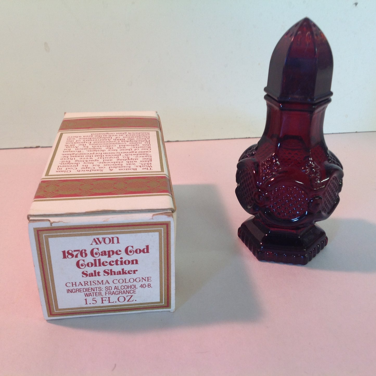 Vintage 1991 Avon 1876 Cape Cod Collection Salt Shaker Charisma Cologne Red Sandwich Glass Unused with Original Box