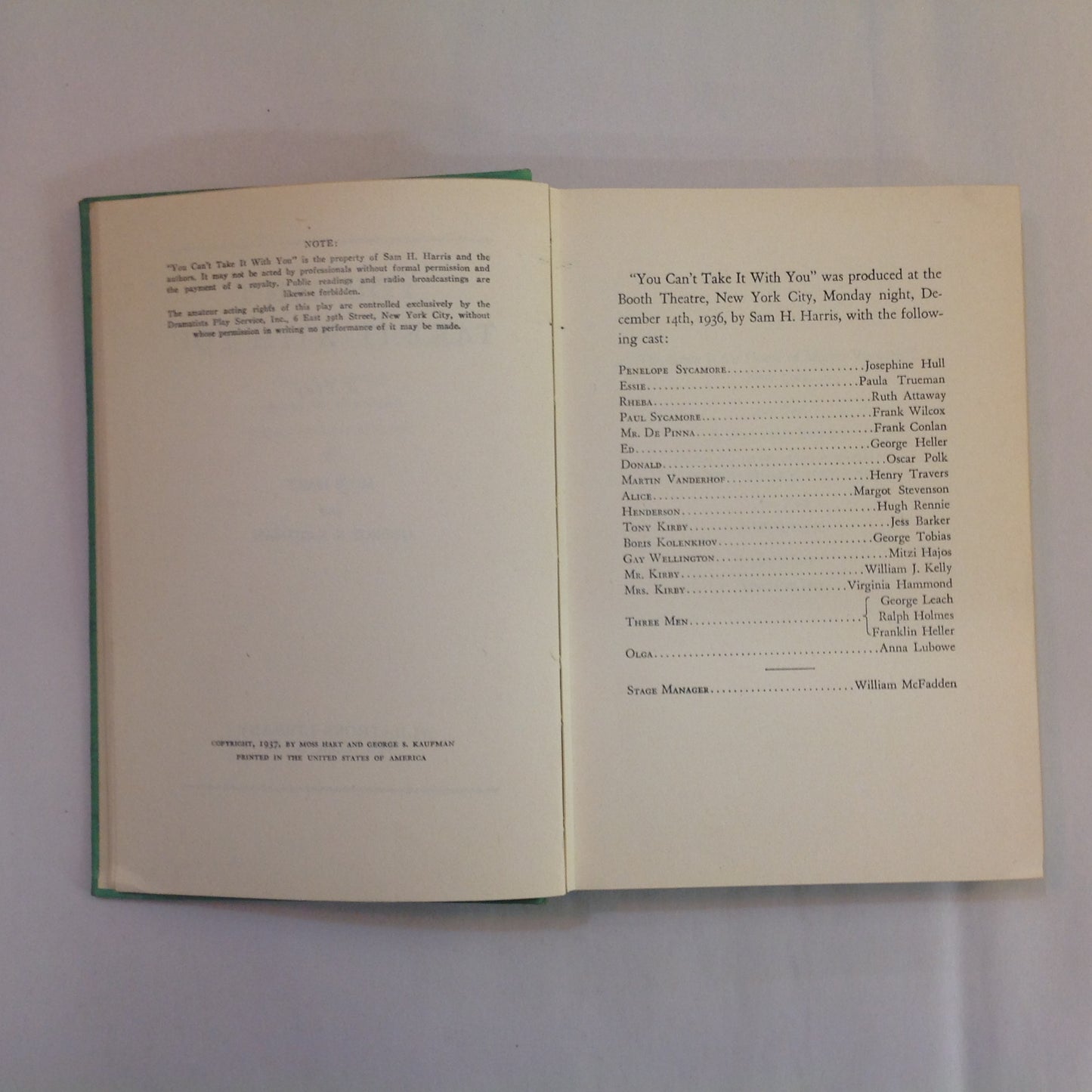 Vintage 1937 Hardcover You Can't Take It With You: A Play George Kaufman Moss Hart
