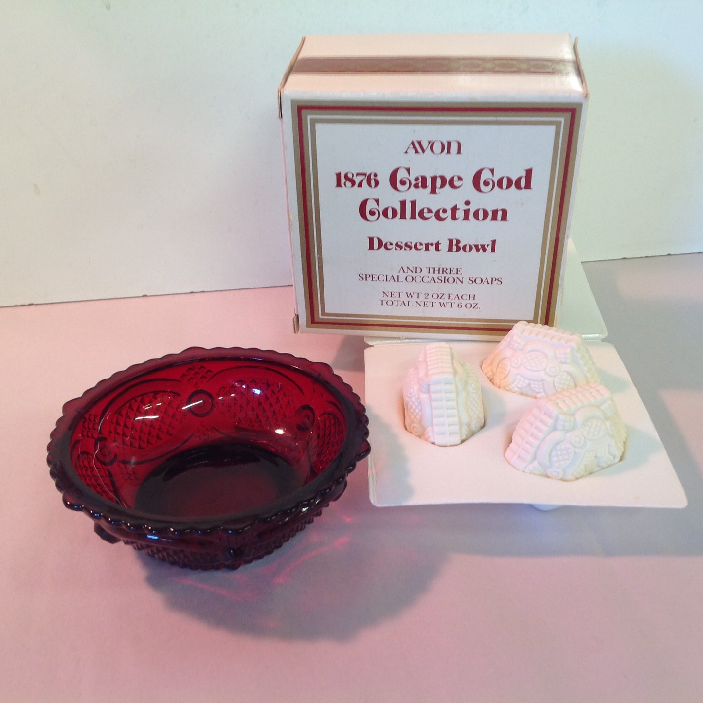 Vintage 1980's Avon 1876 Cape Cod Collection Dessert Bowl and Three Special Occasion Soaps Red Sandwich Glass Unused with Original Box