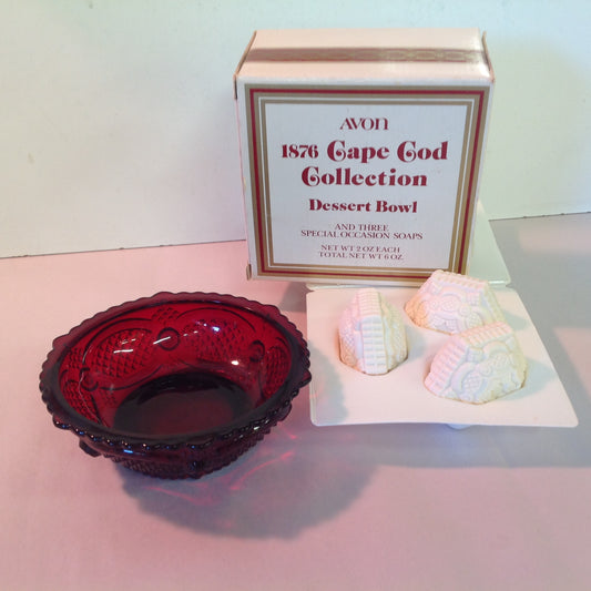 Vintage 1980's Avon 1876 Cape Cod Collection Dessert Bowl and Three Special Occasion Soaps Red Sandwich Glass Unused with Original Box