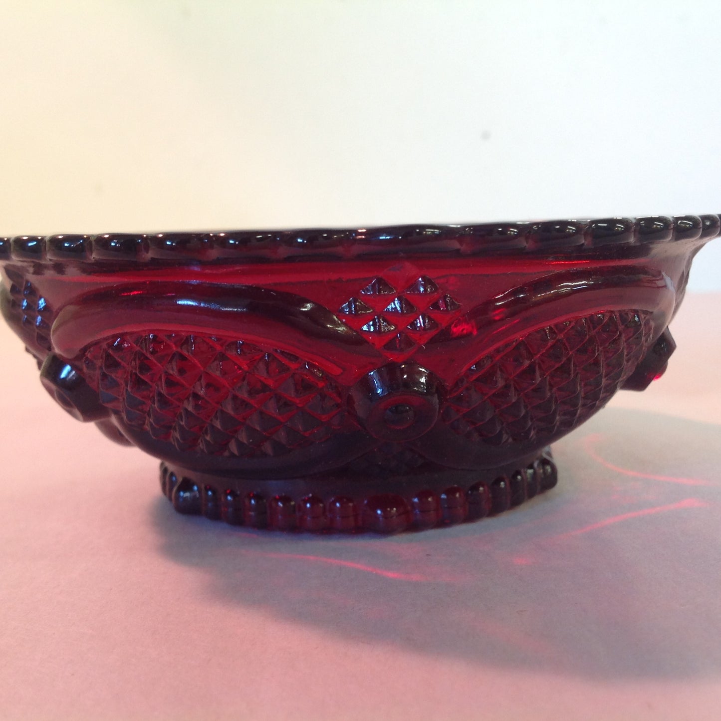 Vintage 1980's Avon 1876 Cape Cod Collection Dessert Bowl and Three Special Occasion Soaps Red Sandwich Glass Unused with Original Box