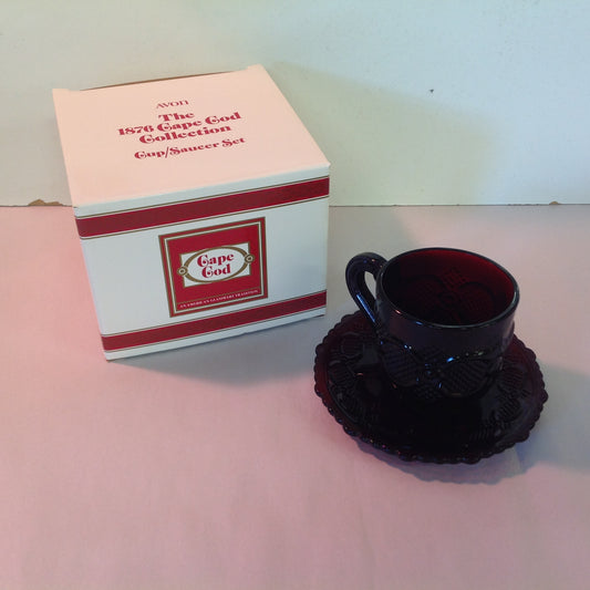 Vintage 1992 Avon 1876 Cape Cod Collection Cup and Saucer Set Red Sandwich Glass Unused with Original Box