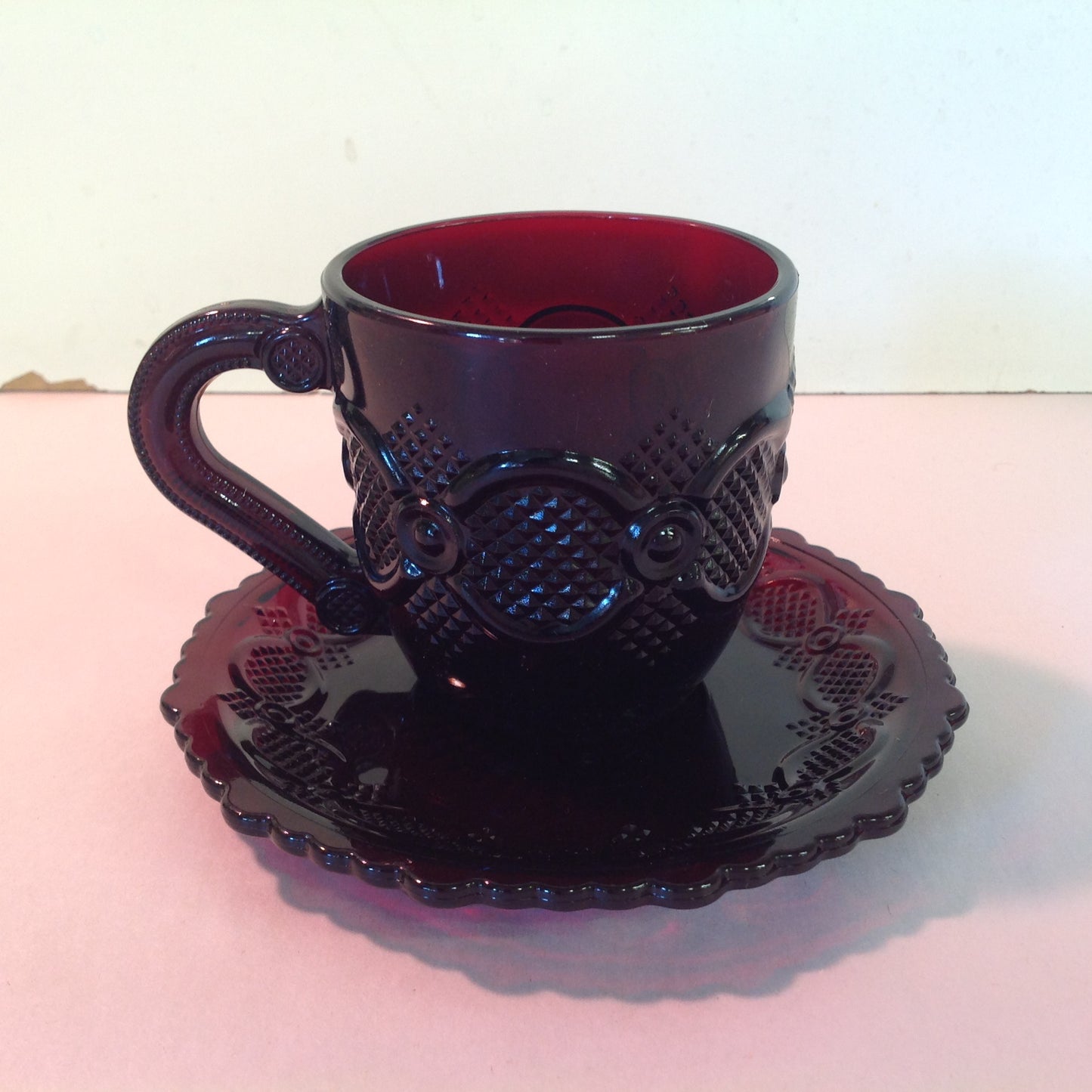Vintage 1992 Avon 1876 Cape Cod Collection Cup and Saucer Set Red Sandwich Glass Unused with Original Box