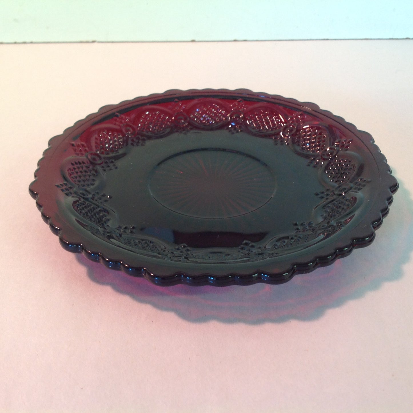 Vintage 1992 Avon 1876 Cape Cod Collection Cup and Saucer Set Red Sandwich Glass Unused with Original Box