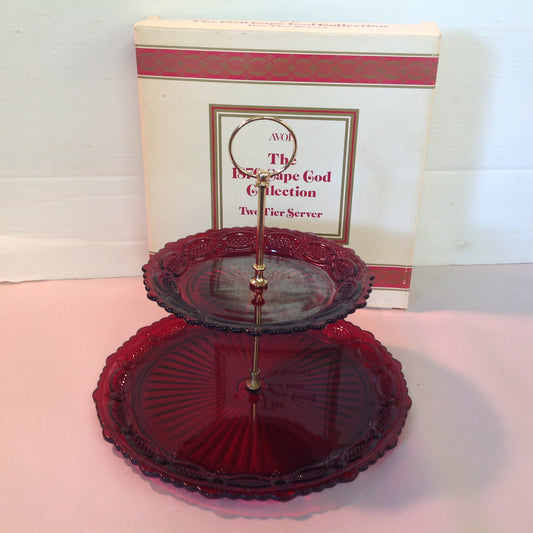 Vintage 1987 Avon 1876 Cape Cod Collection Two-Tier Server Red Sandwich Glass Unused with Original Box