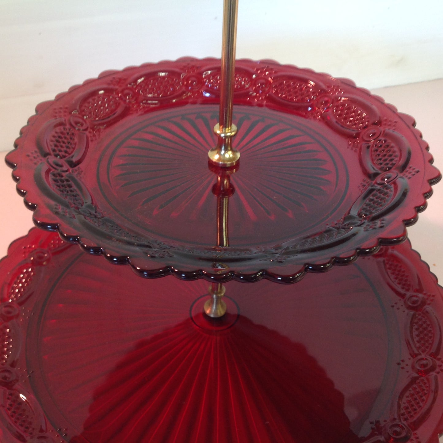 Vintage 1987 Avon 1876 Cape Cod Collection Two-Tier Server Red Sandwich Glass Unused with Original Box