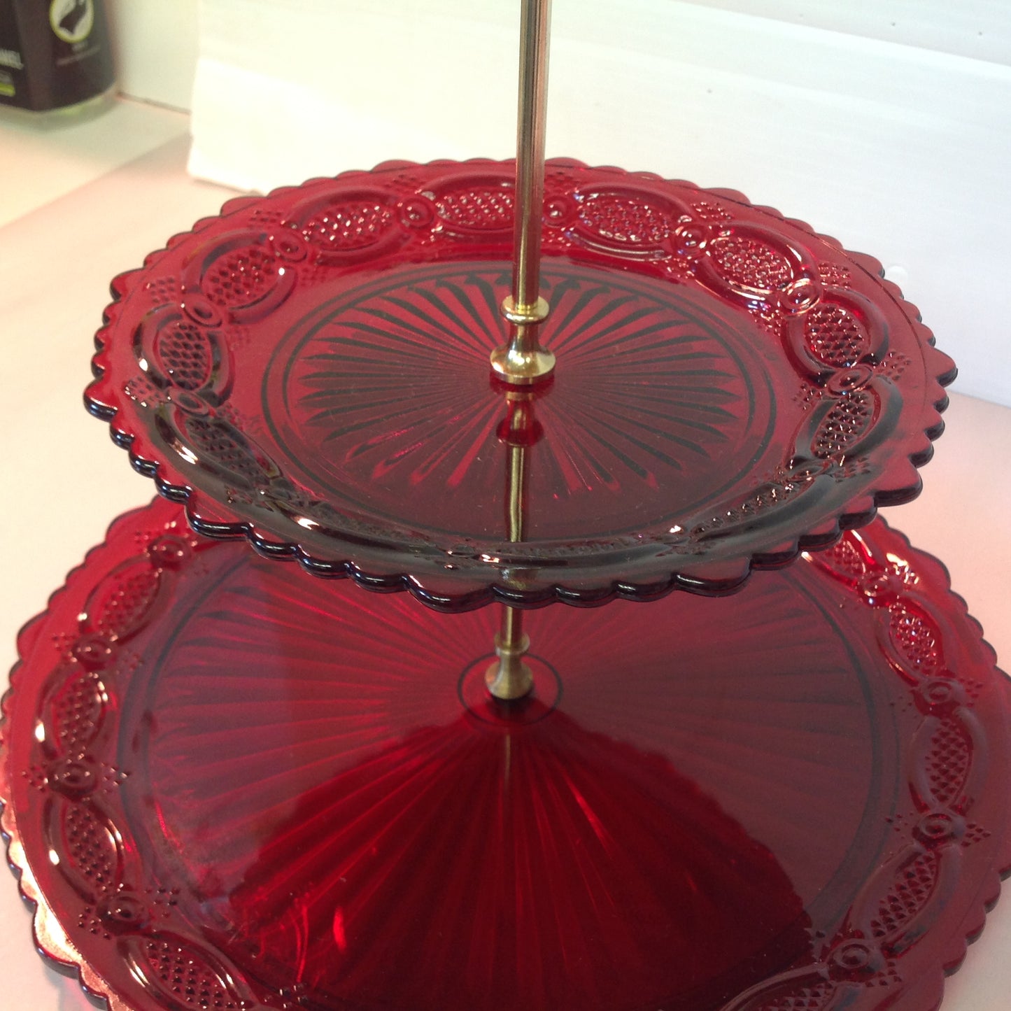 Vintage 1987 Avon 1876 Cape Cod Collection Two-Tier Server Red Sandwich Glass Unused with Original Box
