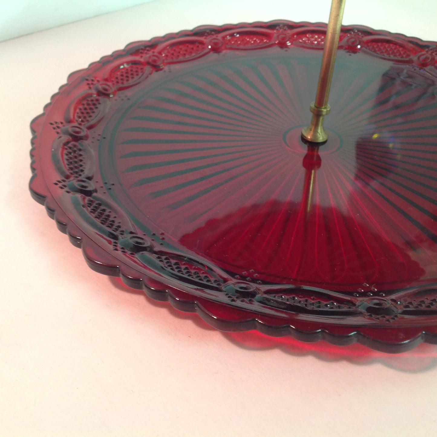 Vintage 1987 Avon 1876 Cape Cod Collection Two-Tier Server Red Sandwich Glass Unused with Original Box