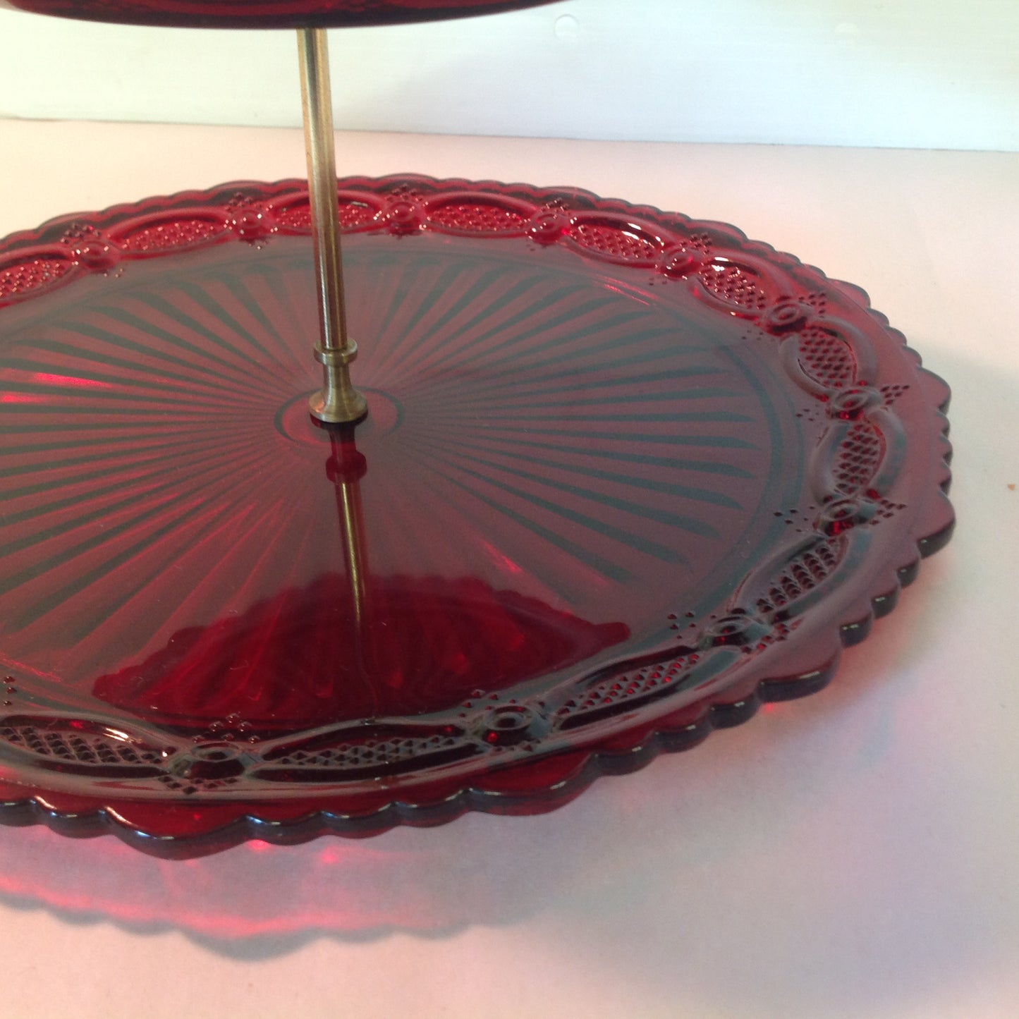 Vintage 1987 Avon 1876 Cape Cod Collection Two-Tier Server Red Sandwich Glass Unused with Original Box