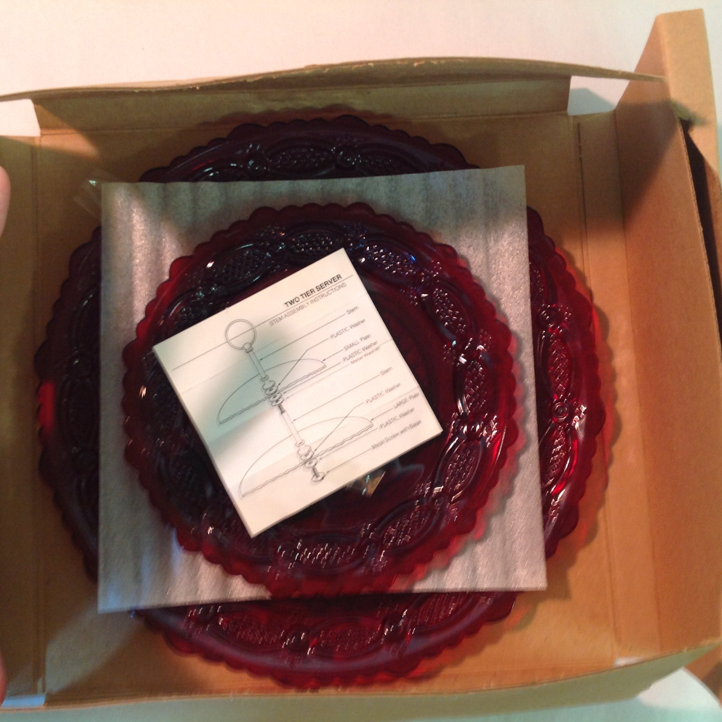 Vintage 1987 Avon 1876 Cape Cod Collection Two-Tier Server Red Sandwich Glass Unused with Original Box