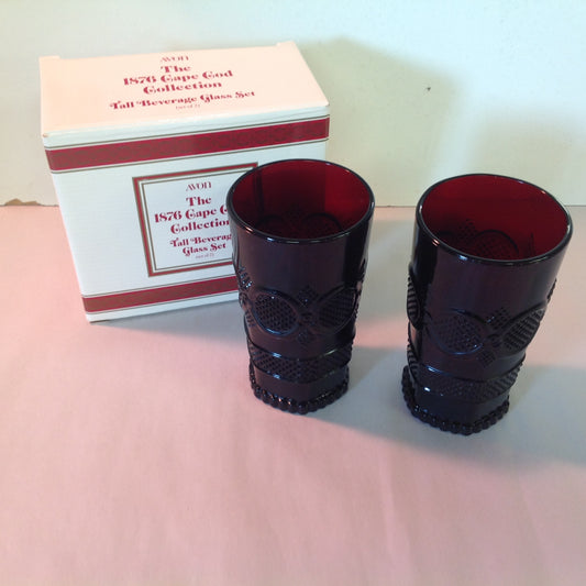 Vintage 1990 Avon 1876 Cape Cod Collection Tall Beverage Glass Set Pair Red Sandwich Glass Unused with Original Box