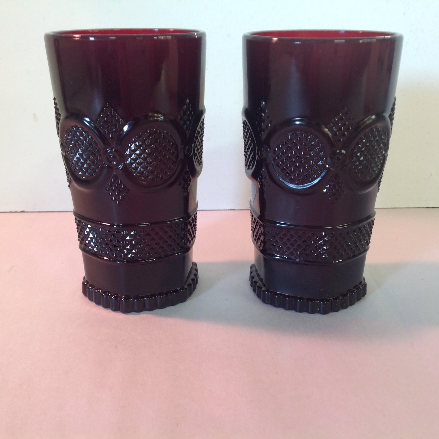 Vintage 1990 Avon 1876 Cape Cod Collection Tall Beverage Glass Set Pair Red Sandwich Glass Unused with Original Box