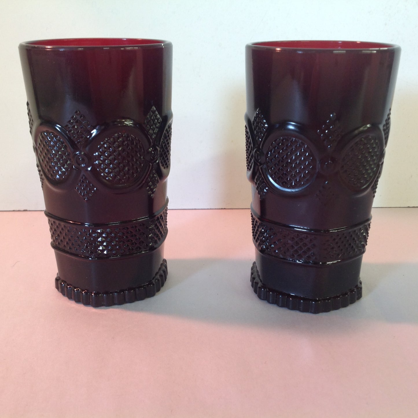 Vintage 1990 Avon 1876 Cape Cod Collection Tall Beverage Glass Set Pair Red Sandwich Glass Unused with Original Box