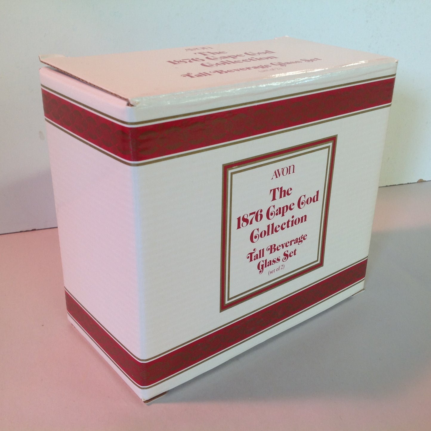 Vintage 1990 Avon 1876 Cape Cod Collection Tall Beverage Glass Set Pair Red Sandwich Glass Unused with Original Box