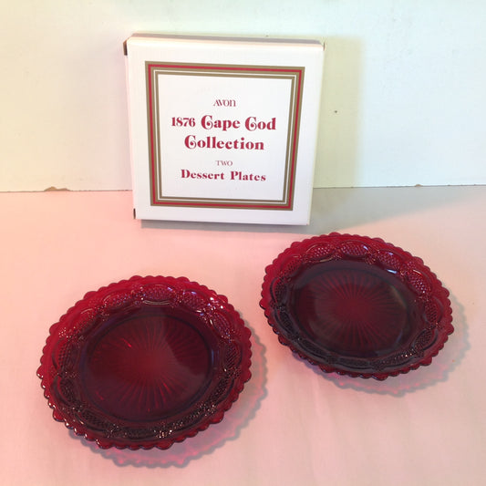 Vintage 1980 Avon 1876 Cape Cod Collection Dessert Plates Pair Red Sandwich Glass Unused with Original Box