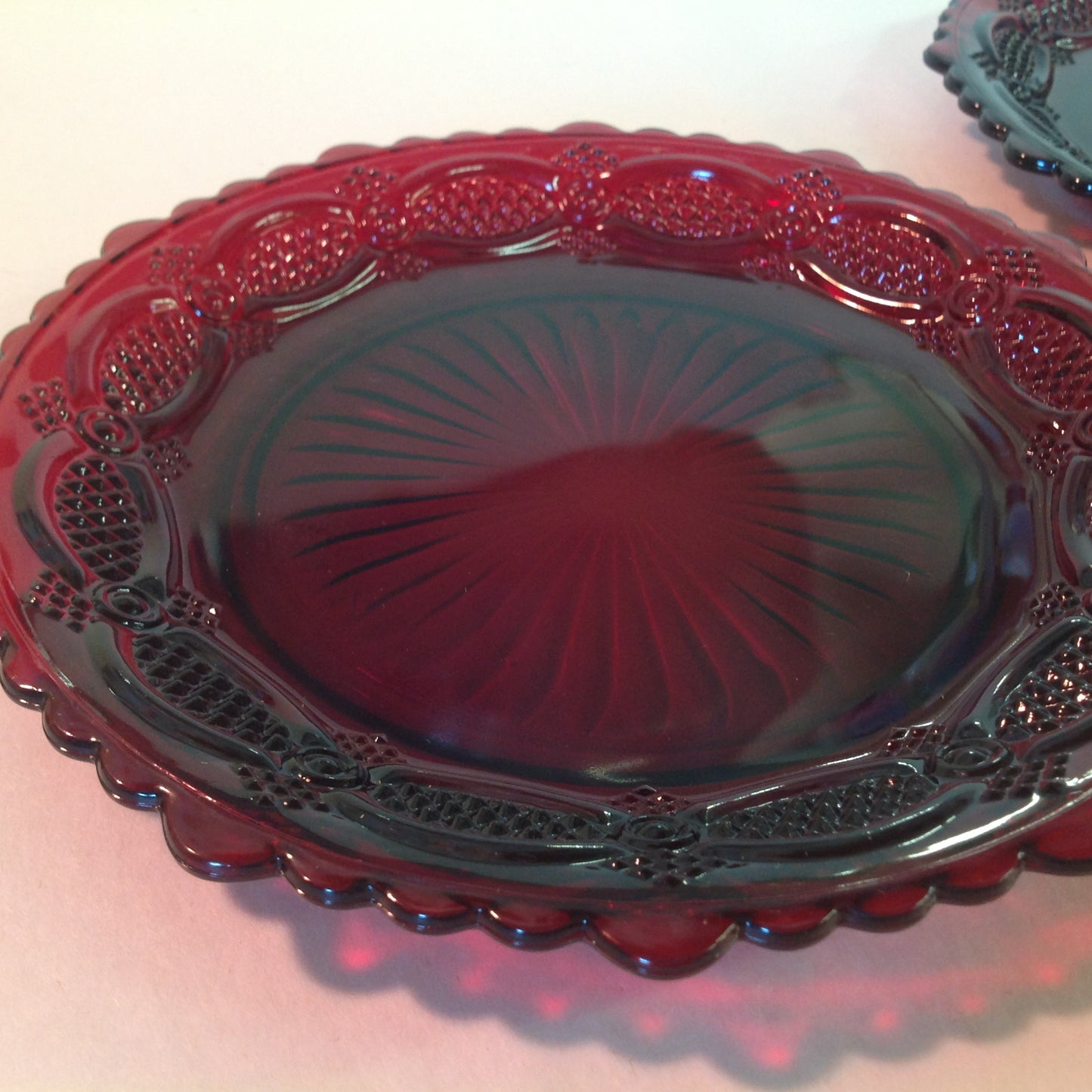Vintage 1980 Avon 1876 Cape Cod Collection Dessert Plates Pair Red Sandwich Glass Unused with Original Box