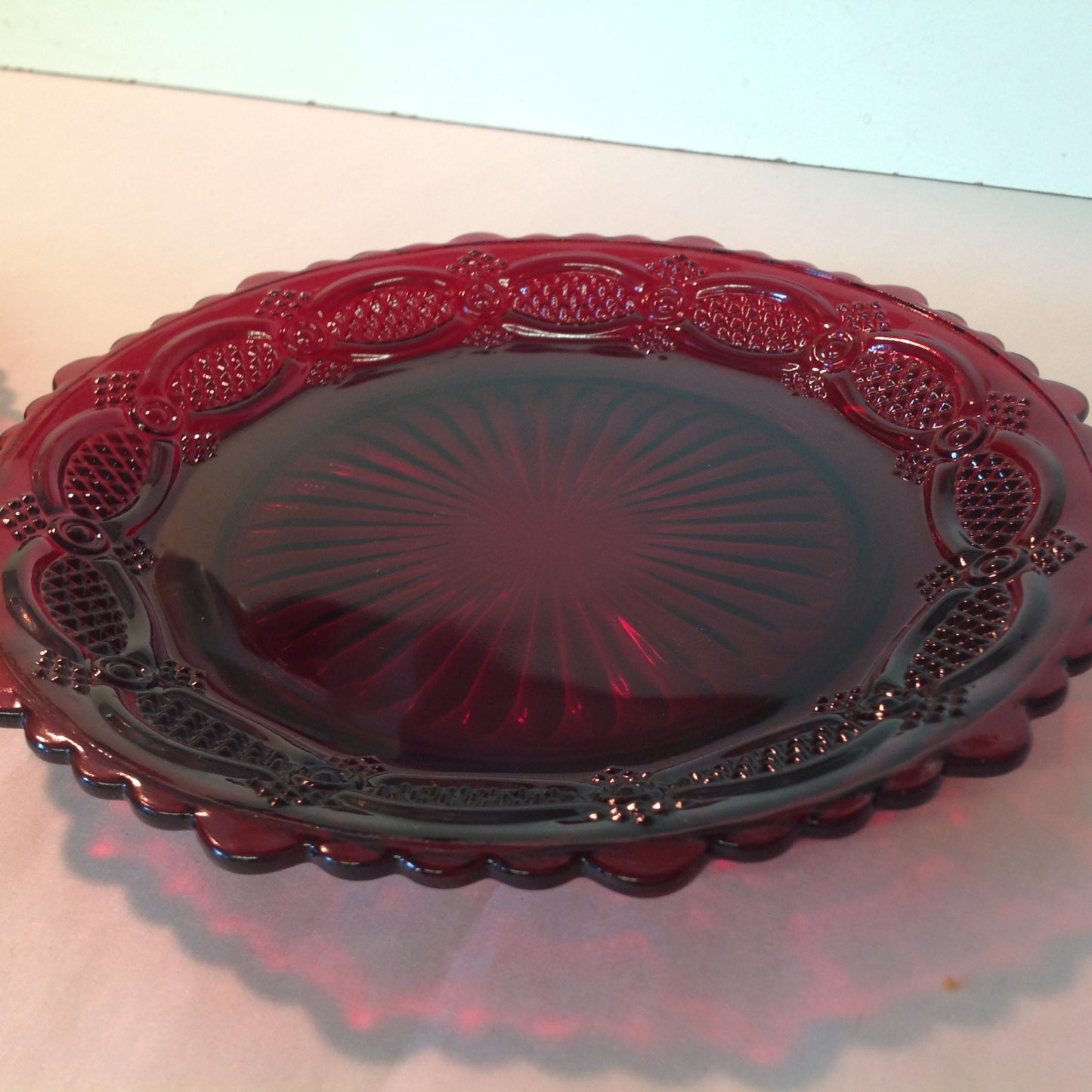 Vintage 1980 Avon 1876 Cape Cod Collection Dessert Plates Pair Red Sandwich Glass Unused with Original Box
