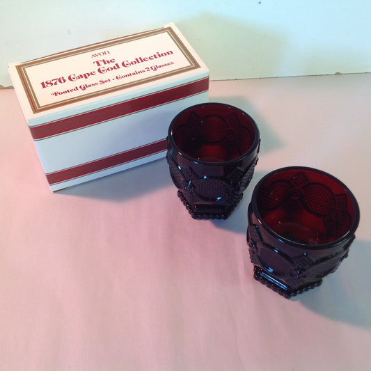Vintage 1988 Avon 1876 Cape Cod Collection Footed Glass Set Pair Red Sandwich Glass Unused with Original Box
