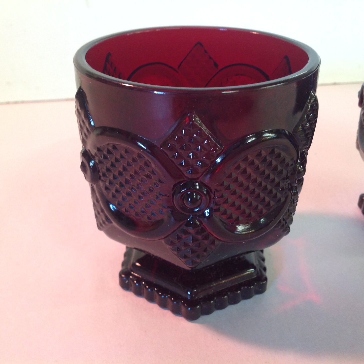 Vintage 1988 Avon 1876 Cape Cod Collection Footed Glass Set Pair Red Sandwich Glass Unused with Original Box