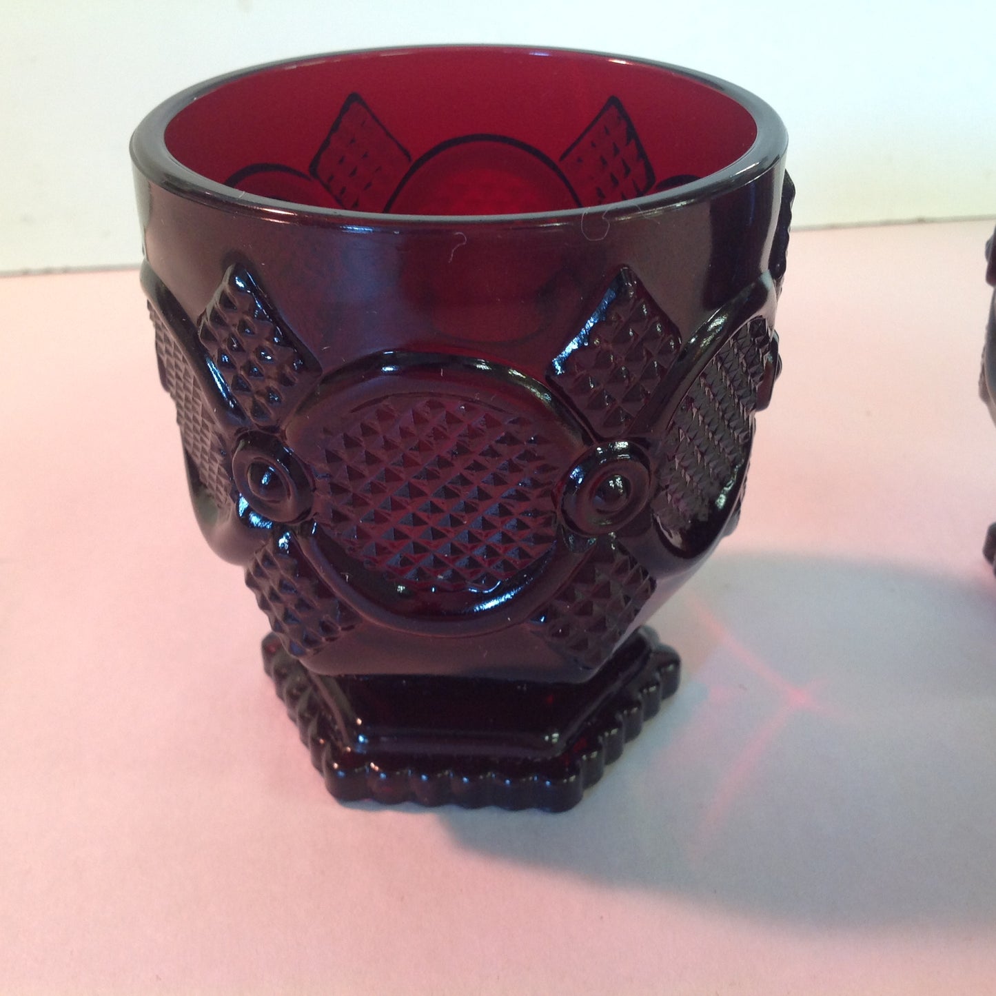 Vintage 1988 Avon 1876 Cape Cod Collection Footed Glass Set Pair Red Sandwich Glass Unused with Original Box