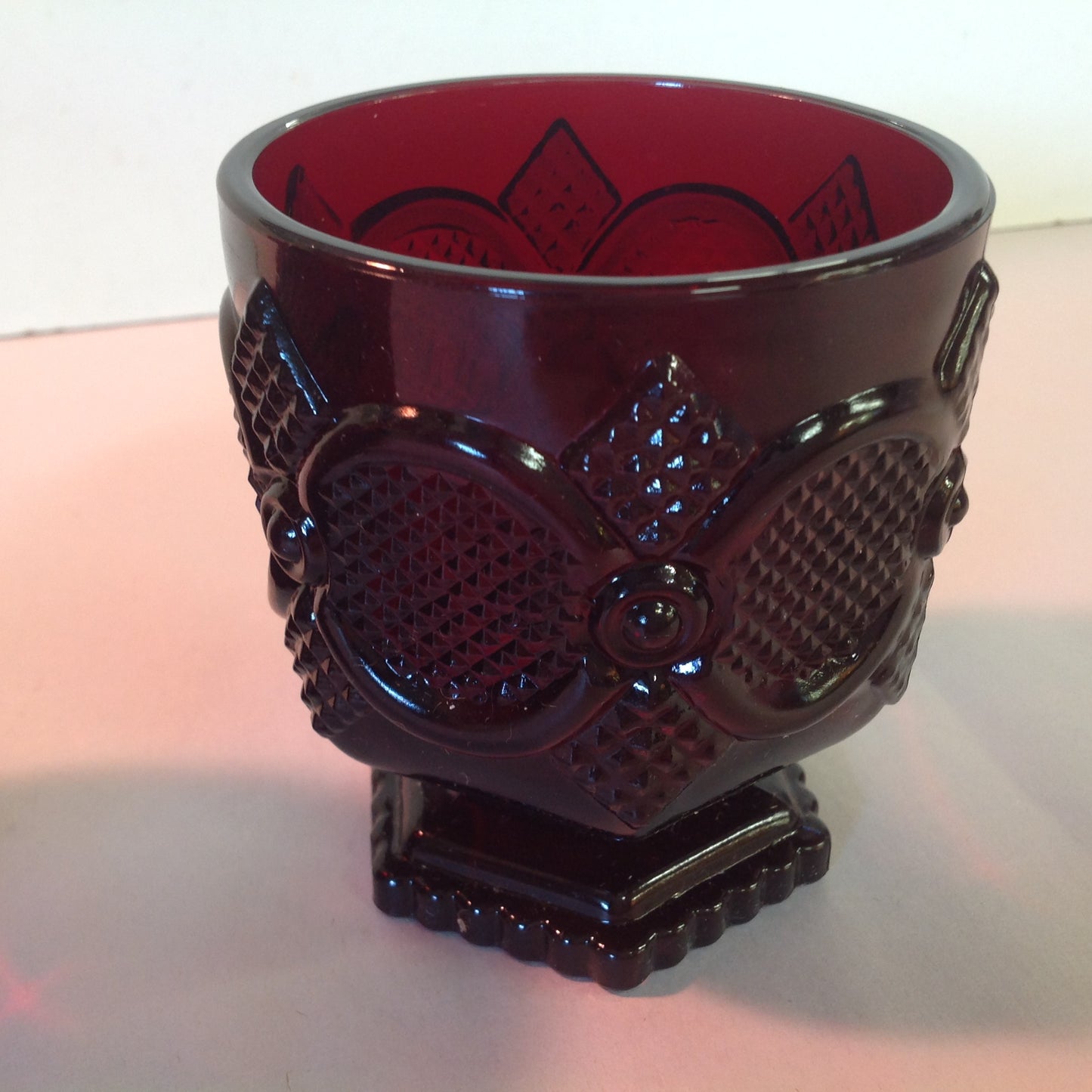 Vintage 1988 Avon 1876 Cape Cod Collection Footed Glass Set Pair Red Sandwich Glass Unused with Original Box