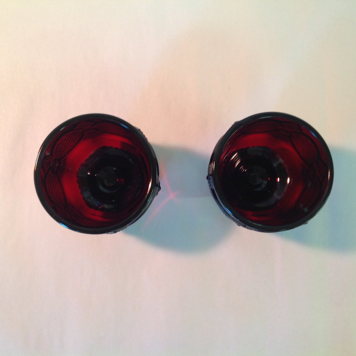 Vintage 1988 Avon 1876 Cape Cod Collection Footed Glass Set Pair Red Sandwich Glass Unused with Original Box