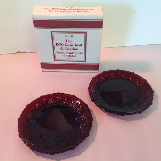 Vintage 1992 Avon 1876 Cape Cod Collection Bread and Butter Dish Set Pair Red Sandwich Glass Unused with Original Box