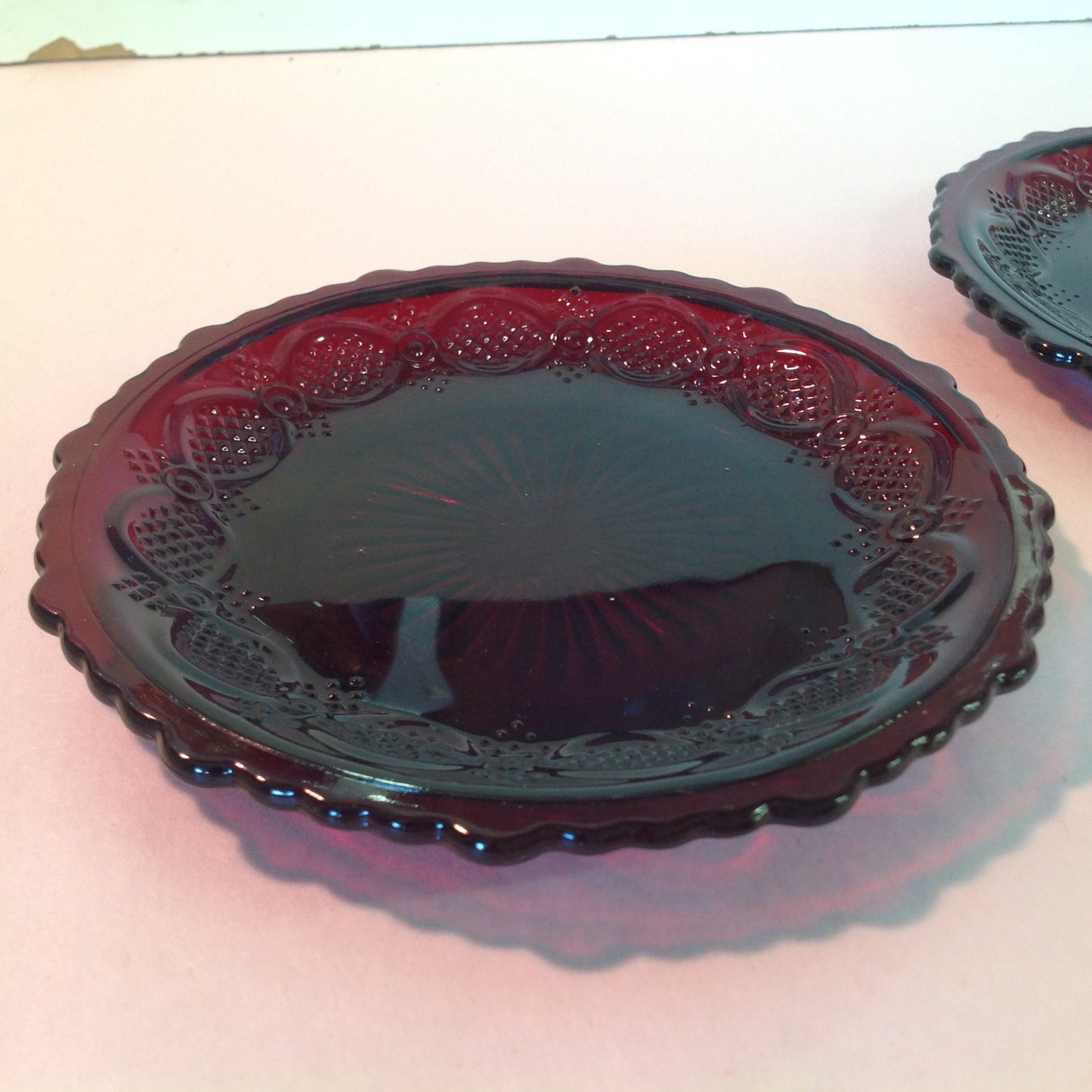 Vintage 1992 Avon 1876 Cape Cod Collection Bread and Butter Dish Set Pair Red Sandwich Glass Unused with Original Box