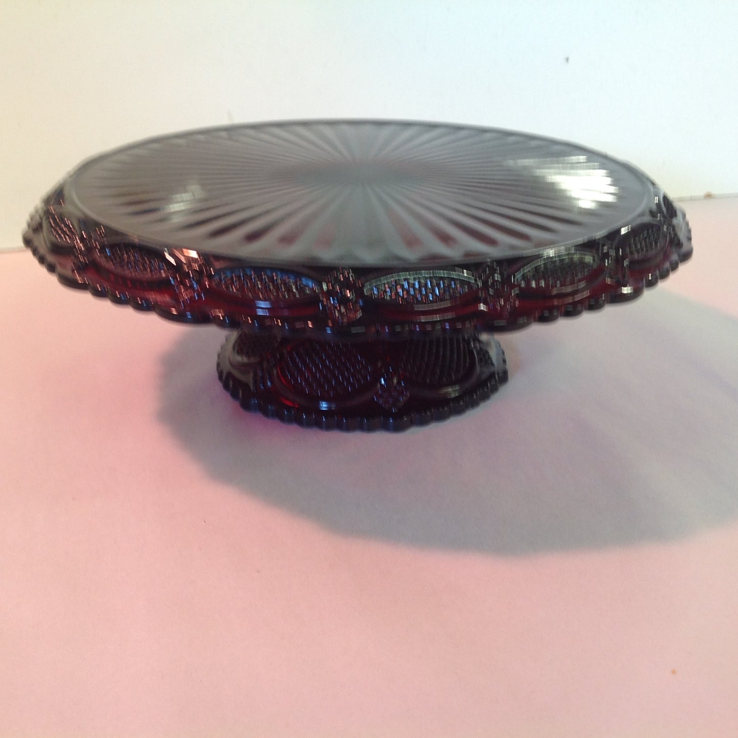 Vintage 1991 Avon 1876 Cape Cod Collection Pedestal Cake Plate Red Sandwich Glass Unused with Box