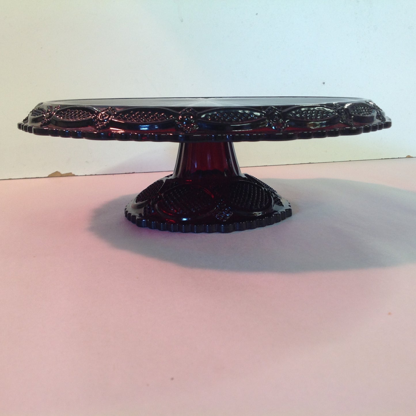 Vintage 1991 Avon 1876 Cape Cod Collection Pedestal Cake Plate Red Sandwich Glass Unused with Box