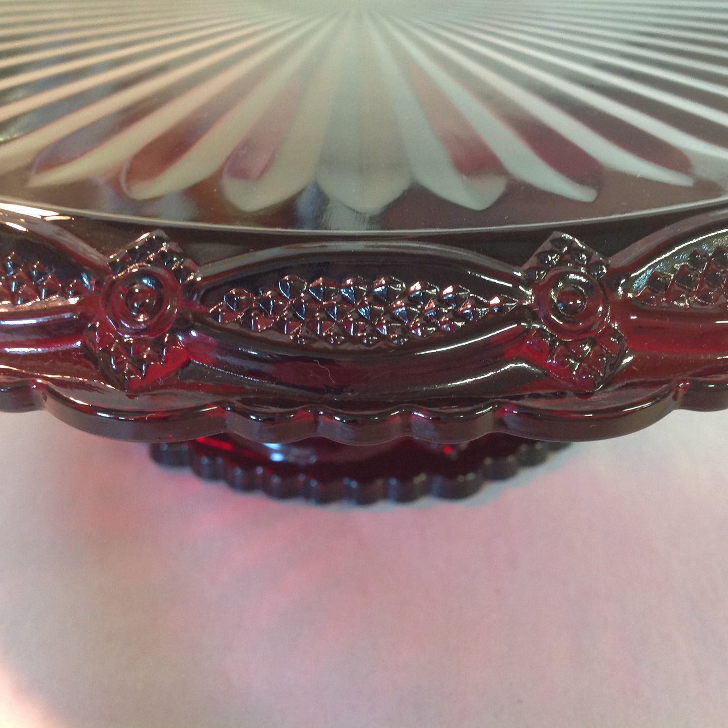 Vintage 1991 Avon 1876 Cape Cod Collection Pedestal Cake Plate Red Sandwich Glass Unused with Box