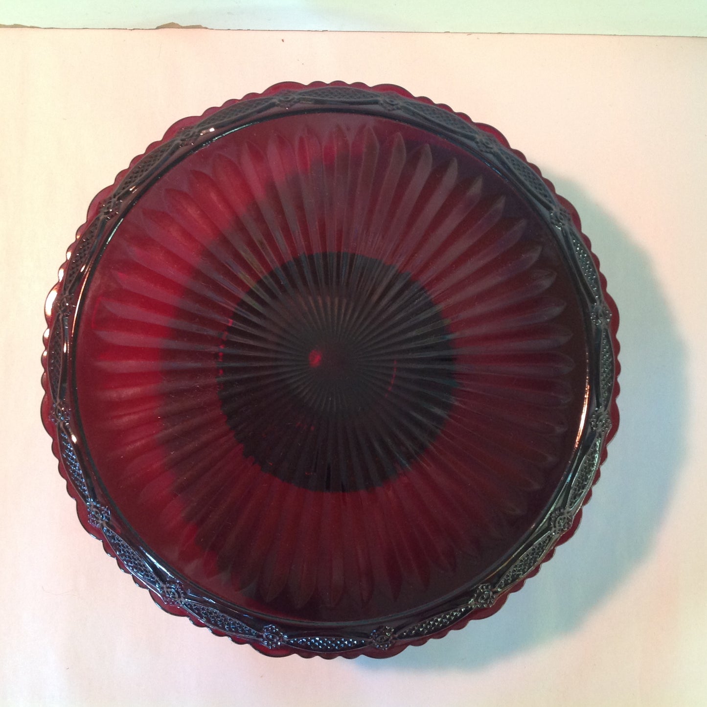 Vintage 1991 Avon 1876 Cape Cod Collection Pedestal Cake Plate Red Sandwich Glass Unused with Box