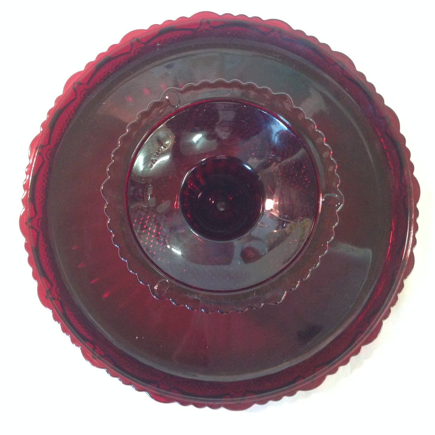 Vintage 1991 Avon 1876 Cape Cod Collection Pedestal Cake Plate Red Sandwich Glass Unused with Box