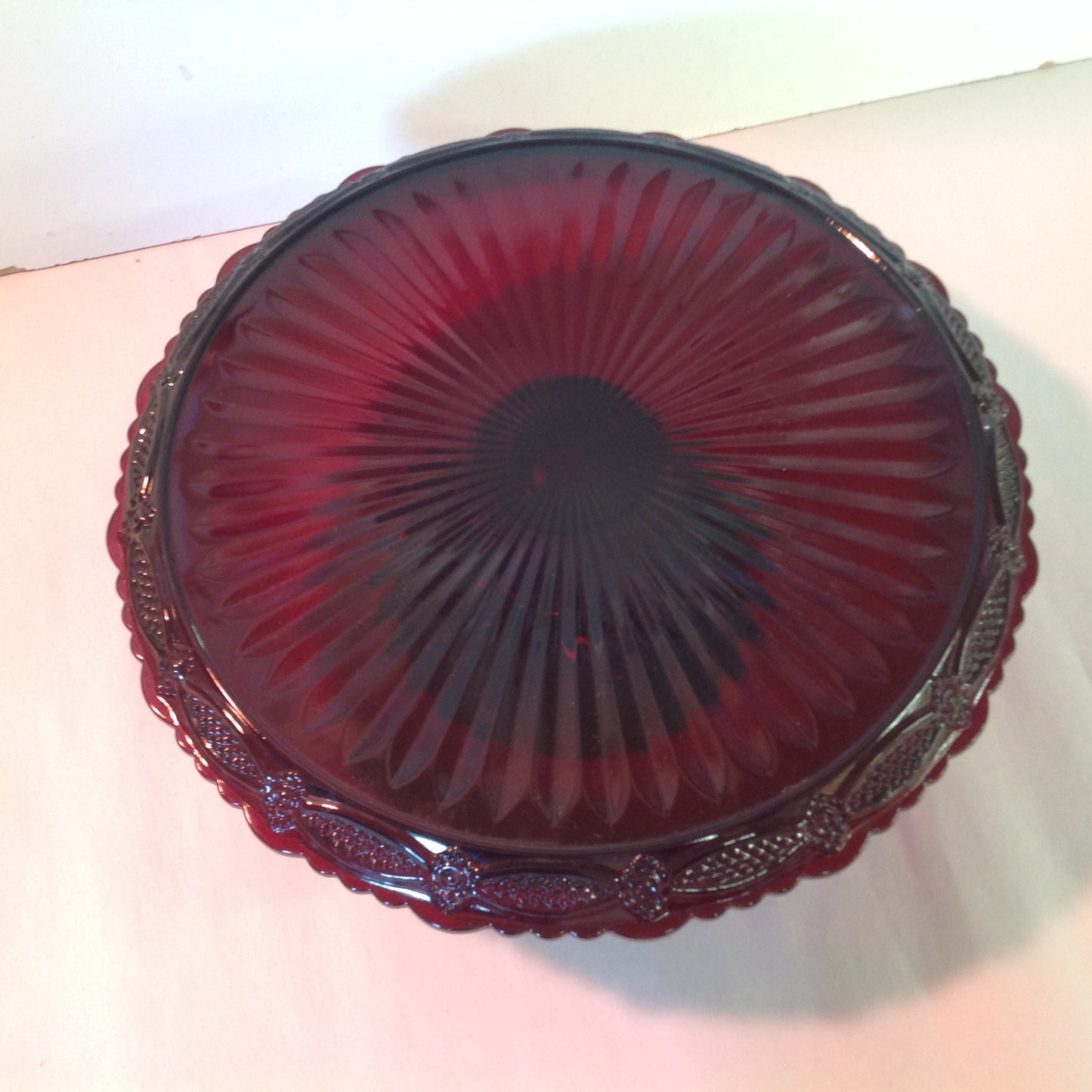 Vintage 1991 Avon 1876 Cape Cod Collection Pedestal Cake Plate Red Sandwich Glass Unused with Box