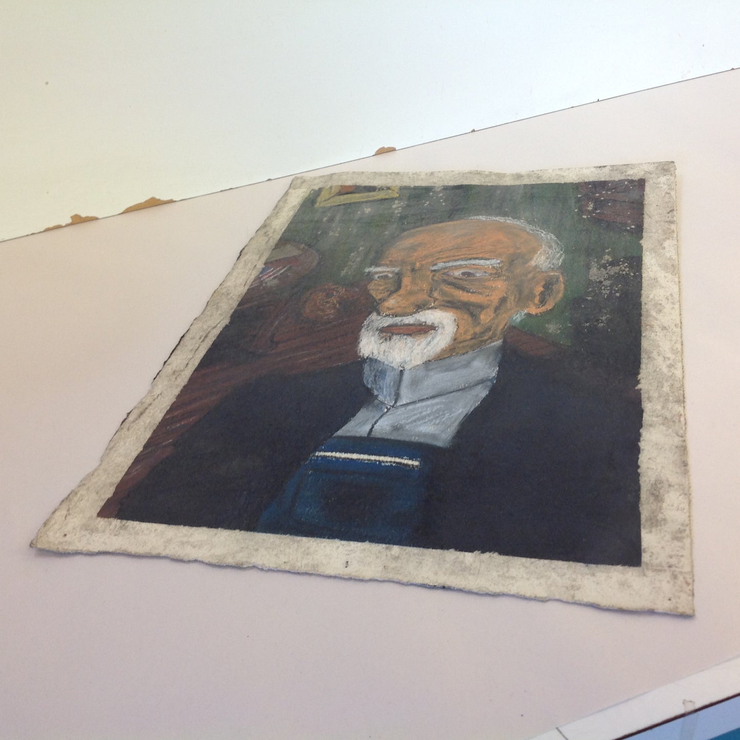 Vintage 1991 Folk Art Surruralism Pastel Drawing on Paper "Portrait of the Artist as an Old Man (in The Waiting Room)"" Retlaw
