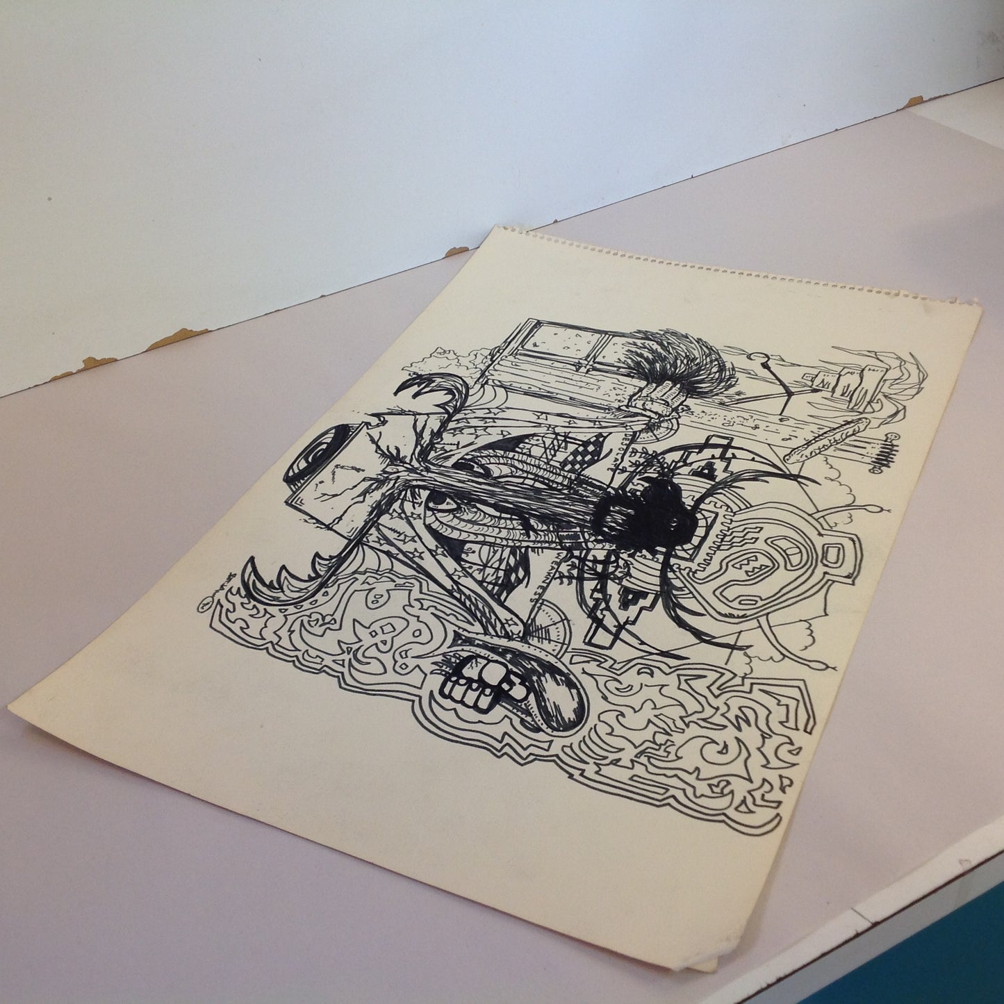 Vintage 1992 Folk Art Surruralism Ink Drawing on Paper "Desolate Weakness" Retlaw