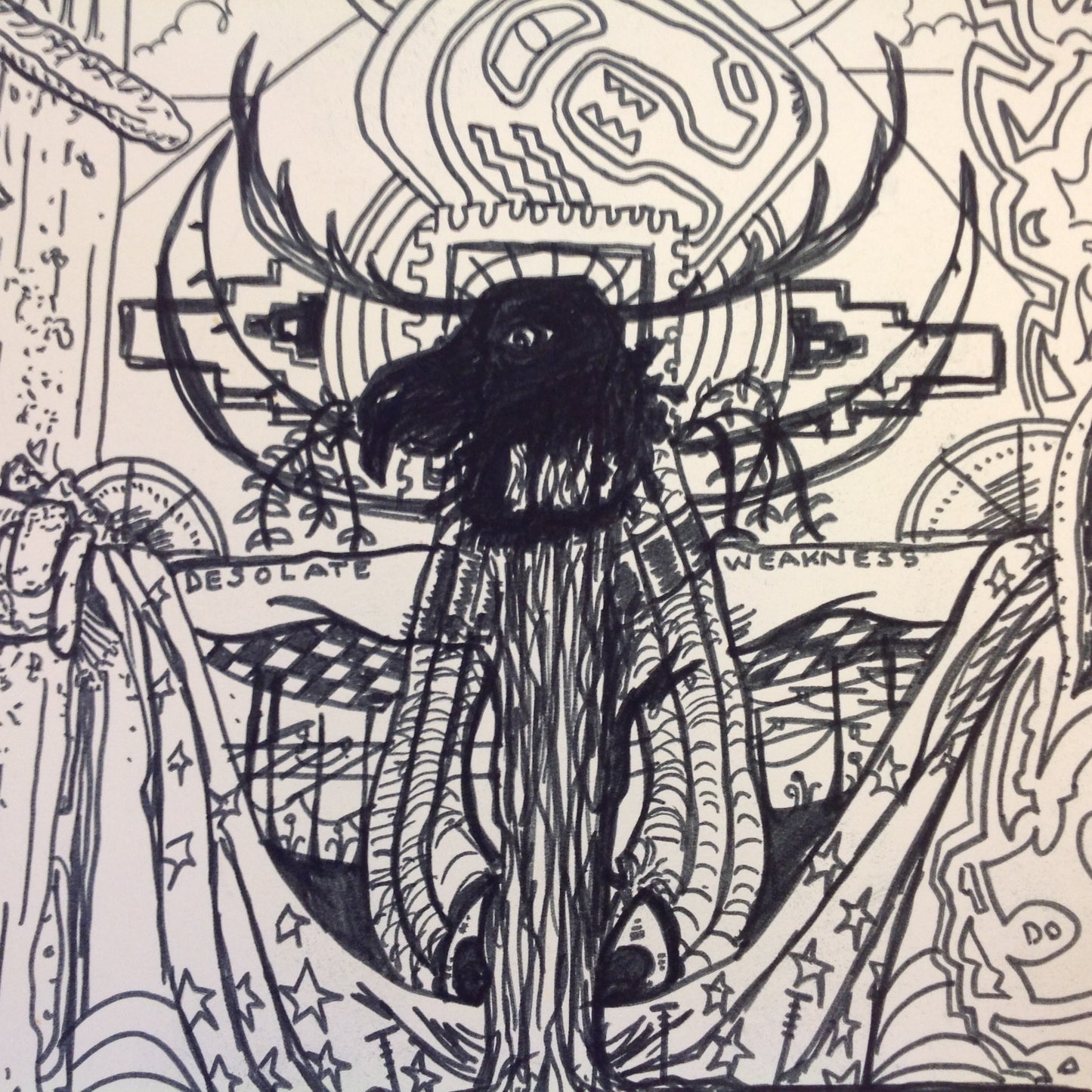 Vintage 1992 Folk Art Surruralism Ink Drawing on Paper "Desolate Weakness" Retlaw